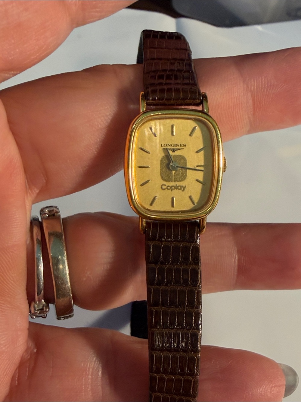 Longines Gold Square Watch with Brown Leather Strap